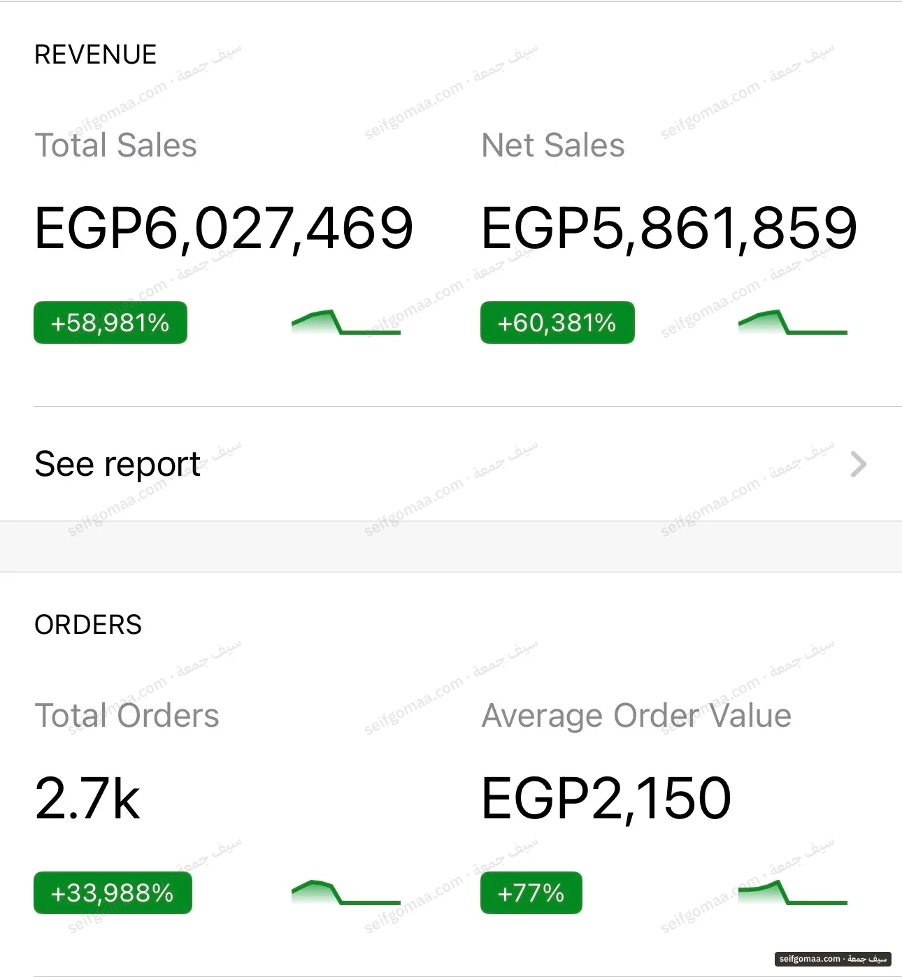 WooCommerce screenshot, First month after launch, showing sales, orders on an account run by Seif Gomaa. Brand names cropped.