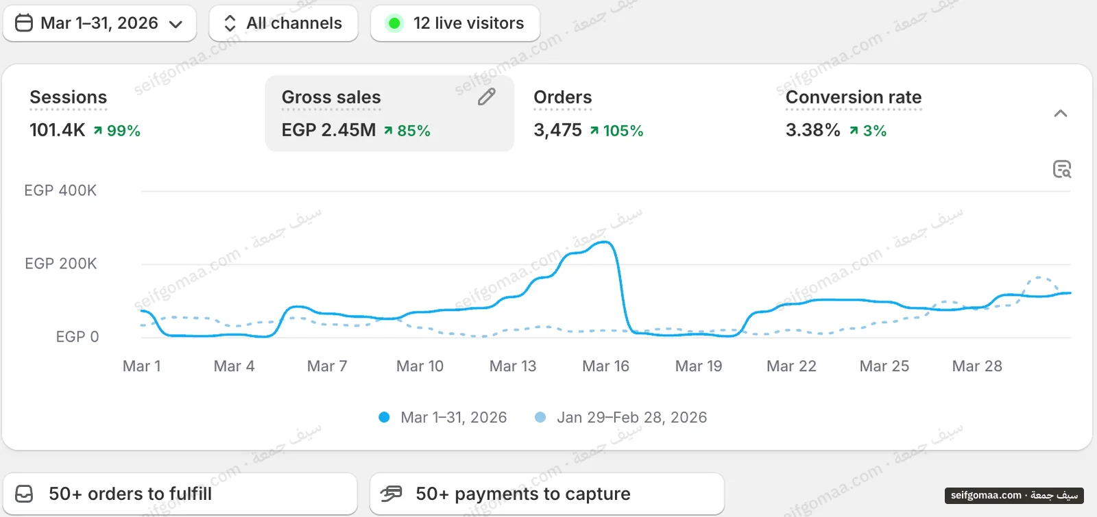 Shopify Analytics screenshot, March 2026, showing sales, orders, period change on an account run by Seif Gomaa. Brand names cropped.