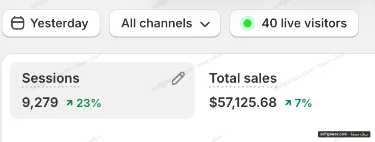 Shopify Analytics screenshot, One day (“yesterday” on the screenshot), showing sales, sessions, period change on an account run by Seif Gomaa. Brand names cropped.