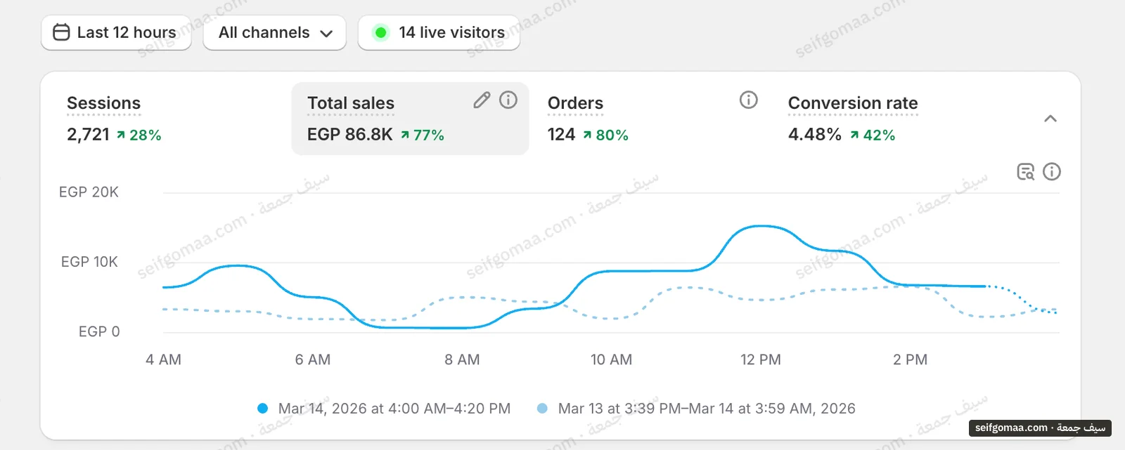 Shopify Analytics screenshot, 12 hours, as shown, showing sales, orders, conversion rate on an account run by Seif Gomaa. Brand names cropped.