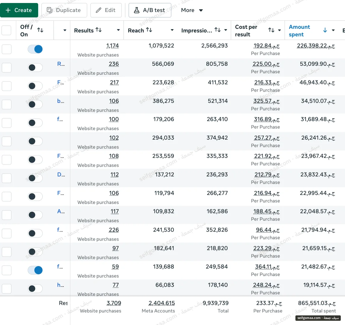 Meta Ads Manager screenshot, August 2026, showing purchases, cost per purchase, ad spend on an account run by Seif Gomaa. Brand names cropped.