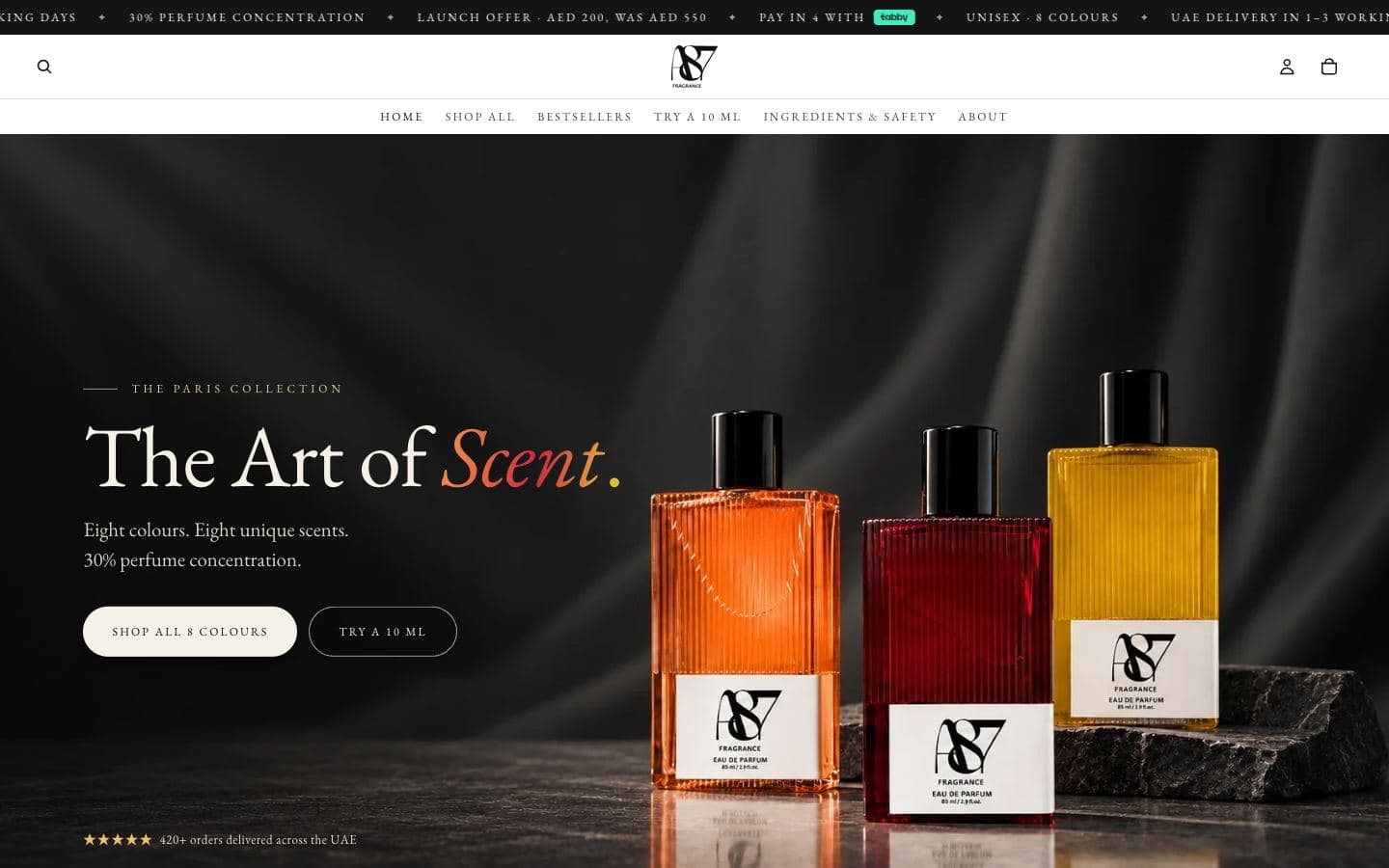 A87 Fragrance storefront home page on desktop