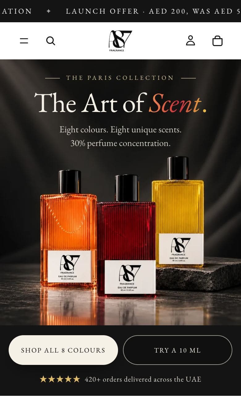 A87 Fragrance storefront on a phone